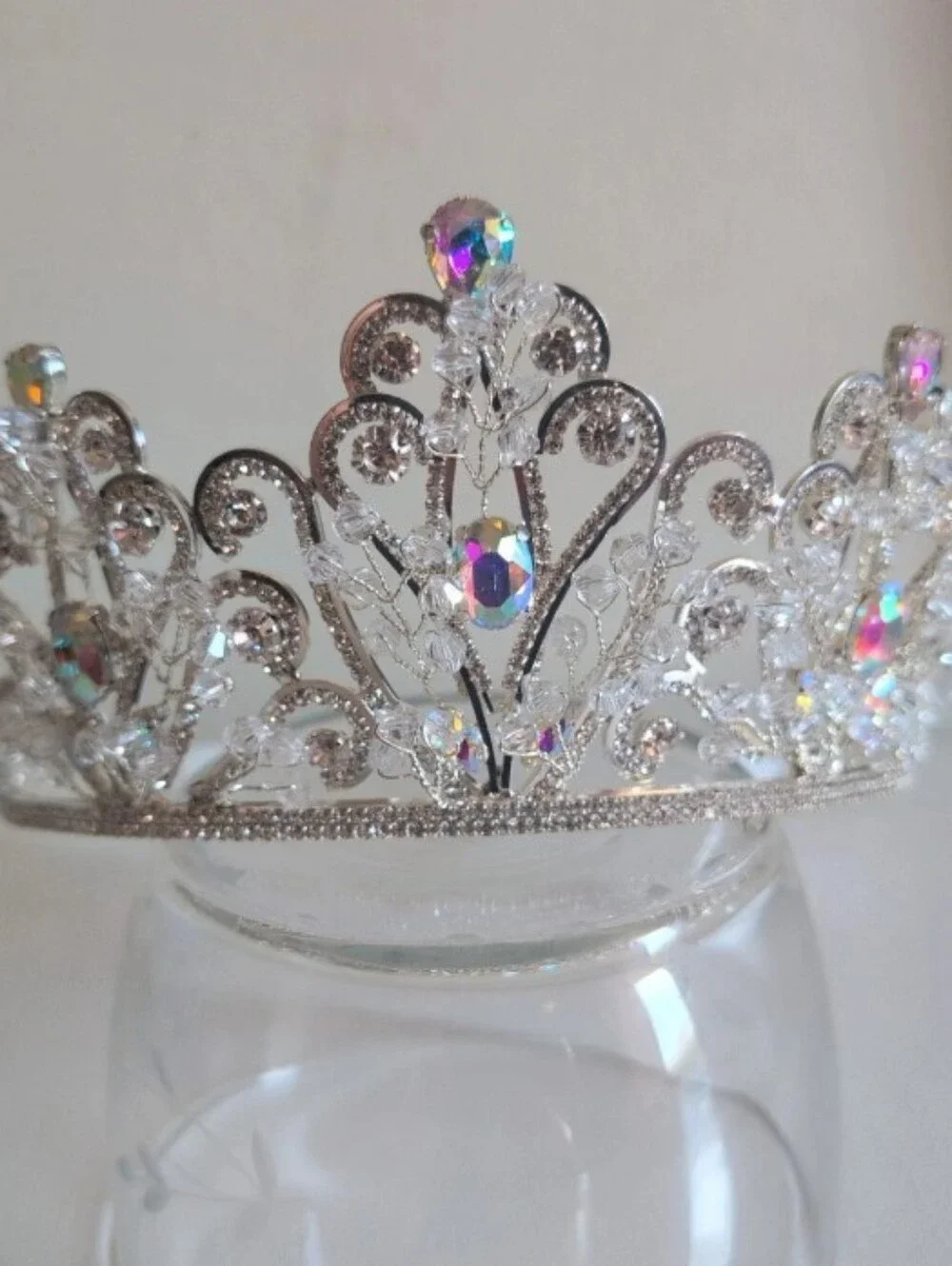 Silver Rhinestone Tiara Crown with Iridescent Gems